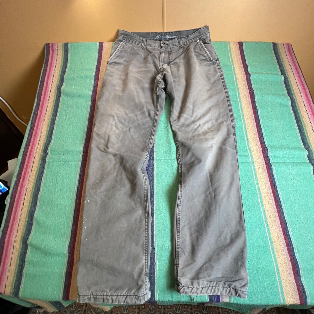 Eddie Bauer Utility Pants Men 34x34 Gray Fleece Lined Canvas Workwear Distressed